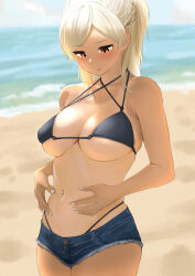 absurdres armpit_crease beach bikini bikini_under_shorts black_bikini blonde_hair blurry blurry_background blush braid breasts commission denim denim_shorts fingernails highleg highleg_bikini highres large_breasts looking_down mole mole_under_eye nail_polish navel navel_piercing original outdoors piercing pixiv_commission short_shorts shorts skindentation stomach string_bikini swimsuit tama_(tamago) tan