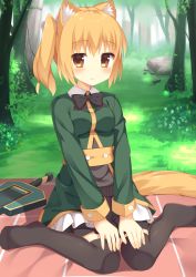 Rule 34 | 1girl, animal ears, bad id, bad pixiv id, black bow, black bowtie, black shirt, black skirt, blanket, blonde hair, blush, boulder, bow, bowtie, cat ears, cat tail, collared jacket, commentary request, day, flower, forest, grass, green jacket, hair between eyes, hair bow, hands on legs, jacket, long hair, long sleeves, looking at viewer, nature, original, outdoors, pleated skirt, shirt, side ponytail, sidelocks, sitting, skirt, smile, solo, sword, tail, tareme, tree, usagino suzu, v arms, weapon, white bow, yellow eyes, yokozuwari