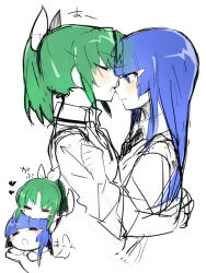Rule 34 | 10s, 2girls, = =, animalization, aoki reika, bad id, bad pixiv id, biting, blue eyes, blue hair, blush, blush stickers, chibi, chibi inset, closed eyes, couple, face-to-face, forehead-to-forehead, green hair, head biting, heads together, hug, midorikawa nao, multiple girls, precure, simple background, sketch, sleeves rolled up, smile precure!, white background, yomosaka, yuri