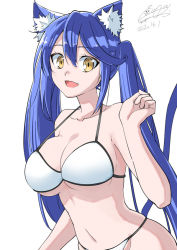 Rule 34 | 1girl, albireo (yumekui merry), animal ear fluff, animal ears, bare shoulders, bikini, blue hair, breasts, cat ears, cat girl, cat tail, collarbone, cototiworld, dated, fang, large breasts, midriff, navel, open mouth, signature, simple background, solo, swimsuit, tail, underboob, white background, white bikini, yellow eyes, yumekui merry
