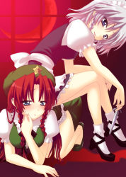 Rule 34 | 2girls, all fours, blue eyes, braid, breasts, dress, female focus, hat, hong meiling, human chair, human furniture, indoors, izayoi sakuya, knife, maid, moon, multiple girls, red hair, red moon, saki chisuzu, silver hair, sitting, sitting on person, throwing knife, touhou, twin braids, weapon