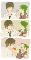 Rule 34 | 1boy, 1girl, 3koma, aged up, blush, brown hair, bubble, blowing bubbles, comic, d:, d:&lt;, fighting, green hair, grin, koiwai yotsuba, long sleeves, necktie, no pupils, one eye closed, open mouth, quad tails, short hair, simple background, smile, v-shaped eyebrows, vest, wince, yanda, yotsubato!, yu (kito)