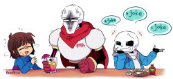 Rule 34 | 1other, 2boys, anger vein, bano akira, black gloves, blue sweater, brown hair, closed eyes, cup, fingerless gloves, food, french fries, frisk (undertale), gloves, holding, holding cup, ketchup bottle, long sleeves, multiple boys, open mouth, papyrus (undertale), plate, red gloves, red scarf, sans (undertale), scarf, shaded face, short hair, simple background, skeleton, smile, sweater, table, undertale, white background