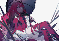 Rule 34 | 1girl, baobhan sith (fate), baobhan sith (first ascension) (fate), bare shoulders, boots, breasts, crossed legs, detached sleeves, dress, fate/grand order, fate (series), frilled dress, frills, grey eyes, hair ornament, holding, holding umbrella, long hair, long sleeves, nail polish, necktie, pink hair, pointy ears, red dress, red necktie, sacanahen, sidelocks, sitting, solo, thigh boots, thighs, umbrella, white background