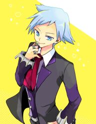 Rule 34 | 1boy, atsumi yoshioka, belt, black jacket, black pants, blue eyes, blue hair, closed mouth, collared shirt, commentary request, creatures (company), game freak, hand up, jacket, jewelry, long sleeves, male focus, necktie, nintendo, open clothes, open jacket, pants, pokemon, pokemon oras, red necktie, ring, shirt, short hair, smile, solo, spiked hair, steven stone, vest, white shirt