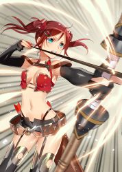 Rule 34 | 1girl, arrow (projectile), bare shoulders, belt, black panties, bow (weapon), breasts, cleavage, clenched teeth, drawing bow, elbow gloves, fingerless gloves, firing, foreshortening, garter straps, gloves, green eyes, hair ornament, hairclip, highleg, highleg panties, highres, holding bow (weapon), midriff, murakami yuichi, navel, official art, panties, quiver, red hair, short shorts, shorts, solo, sparks, teeth, thighhighs, twintails, underwear, unsimulated incubator, weapon, yashiro rimu