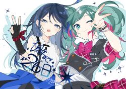 Rule 34 | 2girls, absurdres, aqua hair, black gloves, black shirt, black skirt, blue eyes, blue hair, bracelet, closed mouth, clothes around waist, commentary request, countdown, fingerless gloves, gloves, hatsune miku, highres, hoshino ichika (project sekai), jacket, jacket around waist, jewelry, leo/need miku, multicolored hair, multiple girls, official art, omutatsu, one eye closed, pink hair, project sekai, puffy short sleeves, puffy sleeves, safety pin, shirt, short sleeves, simple background, skirt, sleeveless, sleeveless shirt, smile, sparkle, streaked hair, v, vocaloid, white background, white shirt