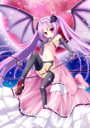 Rule 34 | 1girl, absurdres, armpits, bat wings, demon girl, dress, elbow gloves, garter belt, garter straps, gloves, hand to own mouth, highres, horns, leanbox, long hair, moon, navel, open clothes, open dress, original, panties, purple hair, red eyes, red moon, sasakura momiji, smile, solo, demon girl, tail, thighhighs, twintails, underwear, very long hair, wings