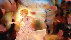 Rule 34 | 1girl, absurdres, alternate costume, autumn, blonde hair, blurry, commentary request, dancing, depth of field, dress, falling petals, feather hair ornament, feathers, flower, frilled dress, frills, genshin impact, hair between eyes, hair flower, hair ornament, highres, koyui (ziwei), looking at viewer, lumine (genshin impact), outstretched arms, petals, short hair, short hair with long locks, sidelocks, sleeveless, solo, spread arms, thighhighs, white dress, white thighhighs, yellow eyes, zettai ryouiki
