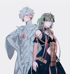 Rule 34 | 1boy, 1girl, arval (fire emblem), arval (fire emblem) (cosplay), braid, breasts, byleth (female) (fire emblem), byleth (fire emblem), cosplay, enlightened byleth (female), fire emblem, fire emblem: three houses, fire emblem warriors, fire emblem warriors: three hopes, green hair, highres, long hair, looking at viewer, nintendo, oratoza, ribbon braid, shez (fire emblem), shez (male) (fire emblem), side braid, simple background, smile, sothis (fire emblem), sothis (fire emblem) (cosplay), white hair