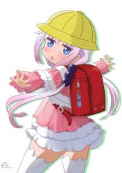 Rule 34 | 10s, 1girl, backpack, bag, blue eyes, chestnut mouth, commentary request, hair bobbles, hair ornament, hat, highres, kanna kamui, kobayashi-san chi no maidragon, light purple hair, long hair, looking at viewer, low twintails, maisama, outstretched arms, randoseru, school hat, simple background, solo, spread arms, thighhighs, thighs, twintails, white background, zettai ryouiki