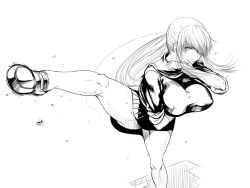 Rule 34 | 1girl, anego!, breasts, hair over one eye, kicking, kurofudo, kyoko ramon, large breasts, monochrome, ponytail, serious, shirt, solo, taut clothes, taut shirt