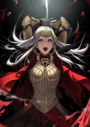 Rule 34 | 1girl, armor, axe, battle axe, black background, black feathers, boobplate, breastplate, broken crown, cape, commentary request, crown, dress, edelgard von hresvelg, fake horns, feather trim, feathers, fire emblem, fire emblem: three houses, fire emblem heroes, gauntlets, hair down, hair ornament, highres, holding, holding axe, holding weapon, horn ornament, horns, long hair, looking at viewer, mueririko, nintendo, open mouth, purple eyes, red cape, red dress, scar, single horn, solo, teeth, tiara, torn cape, torn clothes, weapon, white hair