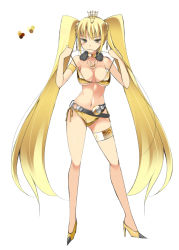 Rule 34 | 1girl, blonde hair, blush, capcom, gold rathian, high heels, jewelry, long hair, monster hunter (series), necklace, ohta yuichi, personification, simple background, solo, twintails, yellow eyes