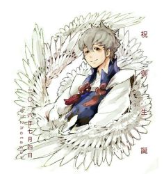Rule 34 | 1boy, artist name, feathered wings, fire emblem, fire emblem fates, grey hair, hotate rayan, kiragi (fire emblem), male focus, nintendo, orange eyes, simple background, solo, white background, wings