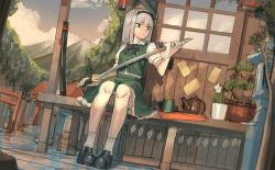 Rule 34 | 1girl, absurdres, architecture, black bow, black bowtie, black footwear, black hairband, bow, bowtie, cloud, commentary, cup, dutch angle, east asian architecture, flower, goback, green eyes, green shirt, green skirt, grey hair, hair bow, hairband, highres, holding, holding sword, holding weapon, huge filesize, konpaku youmu, mountain, outdoors, plant, polishing, potted plant, scabbard, sheath, shirt, shoes, sitting, skirt, sky, socks, solo, sword, teapot, touhou, weapon, white flower, white socks, window