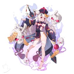 Rule 34 | 1girl, absurdres, ankle bell, bandaged leg, bandages, barefoot, bell, black dress, bonesaw, breasts, cameltoe, china dress, chinese clothes, cleft of venus, copyright request, detached sleeves, double bun, dress, glowing, glowing eyes, groin, hair bun, hat, highres, jiangshi, jingle bell, long hair, long sleeves, maebari, nahaki, nail polish, no panties, ofuda, parted lips, pelvic curtain, qingdai guanmao, red eyes, red hat, red nails, saw, signature, skull, sleeveless, sleeveless dress, sleeves past wrists, small breasts, solo, toenail polish, toenails, very long hair, white background, white hair, wide sleeves