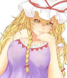 Rule 34 | 1girl, bad id, bad pixiv id, blonde hair, braid, breast suppress, breasts, female focus, hair ribbon, hands on breasts, hat, hat ribbon, highres, large breasts, lips, long hair, ribbon, simple background, solo, touhou, twin braids, white background, x&amp;x&amp;x, yakumo yukari, yellow eyes