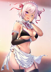 Rule 34 | 1girl, apron, bare shoulders, bikini, black bikini, black thighhighs, breasts, cleavage, commission, covering face, cowboy shot, detached sleeves, embarrassed, frilled sleeves, frills, garter straps, hand on own face, hand up, highres, large breasts, long sleeves, looking at viewer, maid apron, maid headdress, michie sticker, multi-strapped bikini, navel, open mouth, original, purple eyes, short hair, skeb commission, smile, solo, standing, stomach, string bikini, swimsuit, thighhighs, thighs, waist apron, white hair