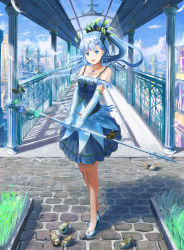 Rule 34 | 1girl, :d, absurdres, bare shoulders, bird, blue dress, blue gloves, blue hair, blunt bangs, blush, breasts, collarbone, day, dress, elbow gloves, fantasy, feather hair ornament, feathers, floating hair, full body, gloves, hair ornament, highres, holding, holding staff, jewelry, kyaro (kyaro54), long hair, looking at viewer, open mouth, original, outdoors, pendant, scenery, shadow, small breasts, smile, solo, staff, standing, sunlight, v arms