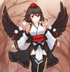 Rule 34 | 1girl, bare tree, bird wings, black hair, black skirt, black thighhighs, black wings, closed mouth, commentary, english commentary, hat, highres, kourindou tengu costume, kyl490, looking at viewer, red eyes, red hat, red sash, ribbon-trimmed skirt, ribbon-trimmed sleeves, ribbon trim, sash, shameimaru aya, short hair, skirt, smile, solo, standing, thighhighs, tokin hat, touhou, tree, wide sleeves, wings
