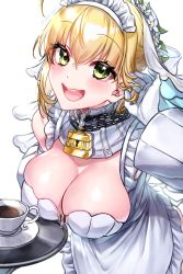 Rule 34 | 1girl, adapted costume, ahoge, apron, bare shoulders, blonde hair, blush, braid, breasts, chain, cleavage, cup, detached collar, dress, fate/extra, fate/extra ccc, fate (series), flower wreath, french braid, green eyes, hair between eyes, hair bun, hair intakes, head wreath, highres, large breasts, lock, long hair, looking at viewer, maid headdress, nero claudius (bride) (fate), nero claudius (fate), nero claudius (fate) (all), nero claudius (fate/extra), open mouth, padlock, single hair bun, smile, solo, teacup, tray, white dress, white sleeves, yayoi maka, zipper, zipper pull tab