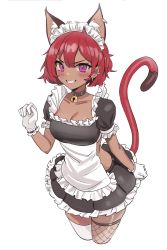 Rule 34 | 1girl, absurdres, animal ears, bell, breasts, collar, commentary, cowboy shot, dark-skinned female, dark skin, english commentary, fishnet thighhighs, fishnets, from above, gloves, grin, hair between eyes, highres, kiritzugu, looking at viewer, maid, maid headdress, medium breasts, neck bell, original, parted lips, purple eyes, red hair, short hair, short sleeves, simple background, skirt, slit pupils, smile, solo, standing, tail, teeth, thighhighs, white background