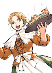 Rule 34 | 1girl, blonde hair, blue eyes, braid, dress, food, french braid, gensou suikoden, gensou suikoden v, marina (suikoden), mikisato, open mouth, short hair, simple background, smile, solo, white background