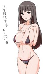 Rule 34 | 1girl, aegis (nerocc), bikini, black bikini, black hair, blunt bangs, breasts, brown eyes, closed mouth, collarbone, commentary, cowboy shot, frown, girls und panzer, groin, hands on own chest, huge breasts, long hair, looking at viewer, mature female, navel, nishizumi shiho, simple background, solo, standing, straight hair, sweat, swimsuit, thighs, white background