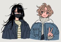 Rule 34 | 2girls, :3, black hair, black mask, blue eyes, blue jacket, breast pocket, brown eyes, closed mouth, cropped torso, dot nose, facing viewer, grey background, half-closed eyes, hand up, highres, jacket, jitome, lapels, layered clothes, light brown hair, long hair, looking ahead, looking to the side, mask, memcchi, messy hair, mouth mask, multiple girls, oriental turtle dove (white) (kemono friends) (nakashi masakumi), original, parted bangs, parted hair, pocket, scar, scar on face, shirt, short hair, simple background, striped clothes, striped shirt, turtleneck, unkempt, upper body, v
