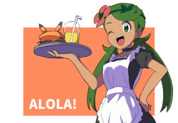 Rule 34 | 1girl, ;d, apron, bendy straw, black dress, blush, breasts, burger, creatures (company), cup, dark-skinned female, dark skin, dress, drink, drinking glass, drinking straw, flower, food, game freak, green eyes, green hair, hair flower, hair ornament, hand on own hip, holding, holding tray, long hair, looking at viewer, low twintails, maid apron, mallow (pokemon), natsunagi takaki, nintendo, one eye closed, open mouth, pink flower, pokemon, pokemon sm, puffy short sleeves, puffy sleeves, short sleeves, small breasts, smile, solo, swept bangs, teeth, tray, twintails, upper teeth only, very long hair, waitress, white apron