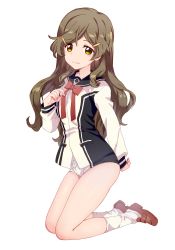 Rule 34 | 1girl, asaoka (0x0), blush, bow, bowtie, brown footwear, brown hair, closed mouth, full body, hair ornament, hairclip, kneeling, loafers, long hair, long sleeves, looking at viewer, loose socks, national shin ooshima school uniform, red bow, red bowtie, school uniform, shinomiya himawari, shoes, short shorts, shorts, simple background, socks, solo, transparent background, very long hair, vividred operation, white background, white socks, yellow eyes