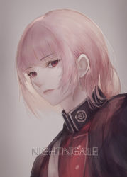 Rule 34 | 1girl, brown background, character name, closed mouth, commentary request, fate/grand order, fate (series), florence nightingale (fate), high collar, highres, jacket, long hair, looking at viewer, marumoru, nose, pink hair, red eyes, red jacket, simple background, solo, upper body