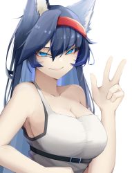 Rule 34 | 1girl, absurdres, animal ears, arknights, belt, black belt, black hair, blaze (arknights), blue eyes, breasts, cat ears, cat girl, cleavage, collarbone, hairband, hand up, highres, large breasts, light blush, looking at viewer, red hairband, simple background, smirk, solo, strap slip, upper body, w, white background, yuu azma