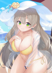 Rule 34 | 1girl, absurdres, beach, bikini, blue archive, blush, breasts, cleavage, closed mouth, collarbone, cowboy shot, day, green eyes, hair between eyes, hat, highres, jacket, large breasts, light brown hair, long hair, long sleeves, looking at viewer, nonomi (blue archive), nonomi (swimsuit) (blue archive), ocean, official alternate costume, open clothes, open jacket, osmium-76, outdoors, see-through, see-through jacket, see-through sleeves, smile, solo, swimsuit, white hat, yellow bikini