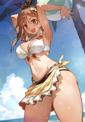 Rule 34 | 1girl, :d, armpits, arms up, artist request, atelier (series), atelier ryza, atelier ryza 3, ball, beachball, bikini, black hairband, blue sky, bow hairband, braid, breasts, brown hair, cloud, clover hair ornament, comiket 103, crown braid, hair ornament, hairband, hairclip, highres, holding, holding ball, holding beachball, large breasts, looking at viewer, multi-strapped bikini bottom, navel, ocean, official art, open mouth, outdoors, palm tree, reisalin stout, sarong, short hair, single sidelock, sky, smile, solo, sunlight, swimsuit, thighs, tree, upper body, wet, white bikini, x hair ornament, yellow sarong
