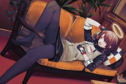 Rule 34 | 1girl, ;o, arknights, arm up, bad id, bad pixiv id, black gloves, black pantyhose, black skirt, breasts, brown eyes, commentary request, couch, dutch angle, exusiai (arknights), feet out of frame, fingerless gloves, fucodoku, gloves, grey jacket, hair over one eye, halo, id card, indoors, jacket, knee up, looking at viewer, lying, miniskirt, no shoes, on back, one eye closed, open mouth, pantyhose, pillow, plant, raglan sleeves, red hair, shadow, short hair, short sleeves, skirt, small breasts, solo focus, thighs