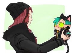 Rule 34 | 1boy, 1girl, animal ears, apex legends, beanie, black eyes, black hair, black headwear, black jacket, blue eyes, border, brother and sister, cat boy, cat ears, cat tail, chibi, colored sclera, crying, crying with eyes open, crypto (apex legends), fur trim, green background, green sclera, hat, highres, jacket, kernel panic crypto, lifting person, mila alexander, multicolored hair, pink hair, rr mui, siblings, streaked hair, tail, tears, white border