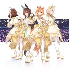 Rule 34 | 4girls, admire vega (umamusume), ahoge, belt, blonde hair, blush, bow, breasts, brown hair, clenched hands, closed mouth, commentary, concert, confetti, crown, diffraction spikes, english commentary, epaulettes, full body, gloves, hand on own hip, hand up, high heels, highres, jacket, long hair, looking at viewer, low ponytail, medium breasts, meisho doto (umamusume), mini crown, multiple girls, nanaheibei 3, narita top road (umamusume), open mouth, orange eyes, orange hair, outstretched arm, pointing, purple eyes, road of radiance (umamusume), short hair, shorts, skirt, small breasts, smile, standing, t.m. opera o (umamusume), thighhighs, umamusume, white footwear, white gloves, white jacket, white thighhighs, yellow bow, yellow shorts, yellow skirt