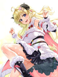 Rule 34 | 1girl, ahoge, animal ears, armpit peek, ascot, bare shoulders, black footwear, black skirt, blonde hair, blush, boots, bow, bowtie, braid, breasts, brooch, buru-dai, cape, detached sleeves, dress, empire waist, fur-trimmed boots, fur-trimmed cape, fur-trimmed dress, fur-trimmed sleeves, fur trim, hair ornament, hairclip, half updo, hands up, highres, hololive, horns, jewelry, knee up, large breasts, long hair, looking at viewer, miniskirt, open mouth, pink cape, pleated skirt, purple eyes, red bow, red bowtie, sheep ears, sheep girl, sheep horns, sheep tail, short dress, short ponytail, skirt, sleeveless, sleeveless dress, solo, tail, teeth, tsunomaki watame, tsunomaki watame (1st costume), two-sided cape, two-sided fabric, underbust, upper teeth only, virtual youtuber, white ascot, white dress