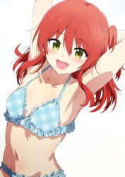 Rule 34 | 1girl, armpits, arms up, bare shoulders, bikini, blue bikini, blush, bocchi the rock!, breasts, cleavage, collarbone, frilled bikini, frills, green eyes, hair between eyes, highres, kita ikuyo, long hair, looking at viewer, misaki nonaka, navel, one side up, open mouth, plaid, plaid bikini, red hair, simple background, small breasts, smile, solo, sweat, swimsuit, white background