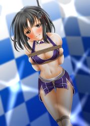 Rule 34 | 1girl, arms behind back, bare shoulders, bdsm, bikini, bikini top only, black hair, blurry, blurry background, blush, bondage, bound, breasts, brown eyes, cleavage, closed mouth, collarbone, commentary request, crop top, crotch rope, detached collar, groin, haguro (kancolle), hair between eyes, hair ornament, highres, kantai collection, looking at viewer, medium breasts, midriff, navel, nose blush, purple bikini, purple shorts, race queen, short hair, shorts, sidelocks, skindentation, solo, standing, swimsuit, tears, tsutsuo rashin
