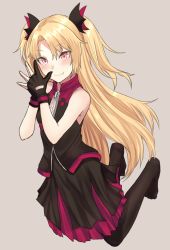 Rule 34 | 1girl, akatsuki uni, arms up, bad id, bad pixiv id, bare shoulders, black gloves, black pantyhose, black shirt, black skirt, blonde hair, blush, brown background, closed mouth, commentary request, fang, fang out, full body, gloves, hair between eyes, long hair, looking at viewer, mizoredama, no shoes, pantyhose, partially fingerless gloves, red eyes, shirt, simple background, skirt, sleeveless, sleeveless shirt, smile, solo, steepled fingers, two side up, uni create, very long hair, virtual youtuber, zipper pull tab