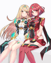 Rule 34 | 2girls, armor, armored dress, black gloves, blonde hair, blush, bodysuit, boots, breasts, chest jewel, cleavage, cleavage cutout, closed mouth, clothing cutout, covered navel, dress, fingerless gloves, gloves, highres, large breasts, long hair, looking at viewer, multiple girls, mythra (xenoblade), pyra (xenoblade), red eyes, red hair, red thighhighs, shinae, short dress, short hair, shoulder armor, sitting, smile, swept bangs, thigh boots, thigh strap, thighhighs, tiara, white dress, xenoblade chronicles (series), xenoblade chronicles 2, yellow eyes