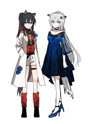 Rule 34 | 2girls, absurdres, animal ear fluff, animal ears, arknights, black choker, black footwear, black hair, blue dress, blue flower, blue footwear, blue rose, breasts, brown eyes, chihuri, choker, closed mouth, collarbone, collared shirt, diagonal-striped clothes, diagonal-striped necktie, diagonal-striped neckwear, dress, dress shirt, flower, green necktie, grey eyes, grey hair, hair between eyes, hair ornament, hairclip, hand in pocket, high heels, highres, jacket, lappland (arknights), long hair, long sleeves, looking at viewer, multiple girls, necktie, off-shoulder dress, off shoulder, open clothes, open jacket, parted lips, pleated dress, ponytail, red shirt, rose, scar, scar across eye, scar on face, shirt, shoes, short shorts, shorts, simple background, small breasts, smile, striped clothes, striped neckwear, tail, texas (arknights), very long hair, white background, white jacket, white shorts