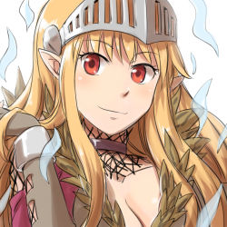 Rule 34 | 1girl, aura, blonde hair, breasts, brown gloves, brown jacket, cleavage, closed mouth, commentary request, cross-laced clothes, cross-laced gloves, cross-laced top, fingerless gloves, fur-trimmed jacket, fur trim, gloves, jacket, long hair, looking at viewer, medium breasts, natsuya (kuttuki), pointy ears, ragnarok online, red eyes, shadow chaser (ragnarok online), simple background, smile, solo, upper body, visor (armor), white background