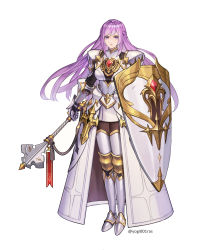 Rule 34 | 1girl, absurdres, armor, armored boots, artist name, boots, commentary request, faulds, full body, gauntlets, gem, gold trim, highres, holding, holding shield, holding weapon, knight, long hair, looking at viewer, mace, original, purple eyes, purple hair, shield, shoulder armor, solo, standing, thigh boots, thighhighs, waist cape, weapon, white background, yogi001yogi