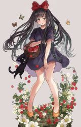 Rule 34 | 1girl, apron, bare legs, basket, black cat, black dress, black eyes, black hair, blush, bow, bow hairband, bug, butterfly, cat, dress, flower, food, fruit, full body, hair bow, hairband, highres, insect, jiji (majo no takkyuubin), kiki (majo no takkyuubin), long hair, looking at viewer, majo no takkyuubin, orange footwear, red bow, saya (mychristian2), shoes, short sleeves, solo, standing, very long hair, white flower, yellow butterfly