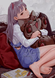 Rule 34 | 1girl, animal ears, artist name, barefoot, book, cat ears, closed mouth, feet, feiqizi (fkey), fkey, grey hair, head tilt, highres, hug, indoors, long hair, looking at viewer, off shoulder, original, overalls, red eyes, shirt, sitting, soles, solo, stuffed animal, stuffed cat, stuffed toy, toes, white shirt