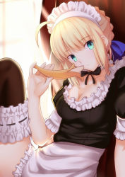 Rule 34 | 1girl, ahoge, apron, artoria pendragon (all), artoria pendragon (fate), banana, besmiled, black thighhighs, blonde hair, blue eyes, blue ribbon, braid, braided bun, breasts, cleavage, closed mouth, day, fate/stay night, fate (series), food, frilled apron, frilled thighhighs, frills, fruit, hair bun, hair ribbon, holding, holding food, indoors, knee up, looking at viewer, maid, maid headdress, medium breasts, official style, puffy short sleeves, puffy sleeves, ribbon, saber (fate), short sleeves, sidelocks, sitting, solo, sunlight, thighhighs, waist apron